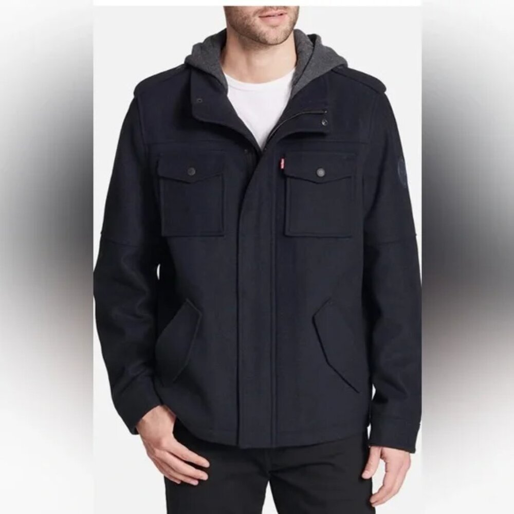Levi’s Jacket Hooded Wool Blend Insulated Quilted Mens Size Large Charcoal Gray